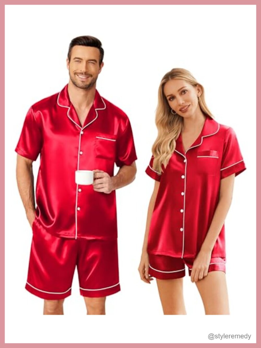 Silky Satin Couple Matching Pajama Set Short Sleeve Button Up Sleepwear